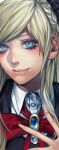  1girl black_bow black_vest blonde_hair blue_eyes blue_gemstone bow bowtie braid brooch buttons closed_mouth collared_shirt commentary_request crown_braid danganronpa_(series) danganronpa_2:_goodbye_despair eyelashes fingernails gem hair_bow hand_on_own_chest irohara_mitabi jewelry light_blush long_hair pink_lips red_bow red_bowtie shirt simple_background single_sidelock smile solo sonia_nevermind upper_body vest white_background white_shirt 