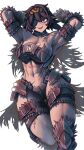  1girl :d abs absurdres arms_up belt breasts brown_hair choker eyepatch fur_trim headband highres large_breasts looking_at_viewer muscular muscular_female navel original red_eyes revealing_clothes scar sharp_teeth short_hair signature smile solo teeth torn_clothes very_short_hair white_background zhvo 