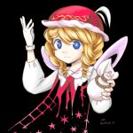  1girl ai-generated_art_(topic) black_background blonde_hair blue_eyes bright_pupils gloves highres io_(maryann_blue) long_sleeves looking_at_viewer medium_hair original red_hat single_glove solo star_(symbol) touhou upper_body white_gloves white_pupils 