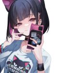  1girl black_choker black_hair blue_archive bracelet cat cellphone choker colored_inner_hair earclip extra_ears highres holding holding_phone jewelry kazusa_(band)_(blue_archive) mask_pull medium_hair multicolored_hair multiple_rings phone pink_eyes pink_hair reeh_(yukuri130) ring selfie shirt simple_background smartphone solo upper_body white_background white_shirt 