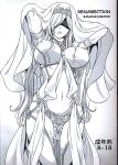  1girl absurdres arms_behind_head arms_up blindfold breasts cover covered_eyes cowboy_shot dress goblin_slayer! greyscale highres jewelry large_breasts long_hair monochrome navel necklace nipples non-web_source parted_lips pelvic_curtain shawl smile solo standing sword_maiden veil very_long_hair 