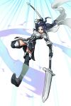  1girl armor belt black_gloves blue_hair boots breastplate cynthia_(fire_emblem) fire_emblem fire_emblem_awakening from_below full_body garter_straps gloves green_eyes highres holding holding_polearm holding_weapon igalimax lance open_mouth polearm scarf shoulder_armor sky smile solo speed_lines thigh_boots twintails weapon white_scarf 