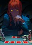 1girl blue_jacket blue_necktie blurry blurry_foreground card chainsaw_man closed_mouth glowing glowing_eyes hair_over_shoulder highres jacket keibleh looking_at_viewer makima_(chainsaw_man) necktie playing_card poker poker_chip pov_across_table red_hair revision ringed_eyes shirt signature solo table white_shirt 