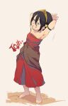  1girl :d armpits arms_behind_head avatar:_the_last_airbender avatar_legends bare_shoulders barefoot black_hair breasts brown_background character_name commentary_request dress english_commentary full_body grey_eyes grin mixed-language_commentary red_dress simple_background small_breasts smile solo standing strapless strapless_dress stretching t_k_g teeth toes toph_bei_fong 