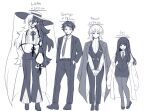  1boy 3girls black_hair character_chart character_request faust_(project_moon) full_body hat height_difference lab_coat limbus_company long_hair multicolored_hair multiple_girls necktie project_moon saccharhythm samjo_(project_moon) short_hair simple_background suit white_background white_hair 