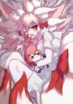  1girl animal_ear_fluff animal_ears bare_legs bow breast_press commentary extra_ears fate/grand_order fate_(series) fetal_position fox_ears fox_girl fox_tail fujimaru_ritsuka_(female) hair_between_eyes hair_bow kitsune koyanskaya_(fate) koyanskaya_(lostbelt_beast:iv)_(fate) long_hair looking_at_viewer lying messy_hair multiple_animal_ears multiple_tails on_side one_eye_closed pajamas pink_hair red_bow red_hands rkp signature single_bare_shoulder stuffed_toy tail tail_bow tail_ornament tamamo_(fate) tears very_long_hair white_pajamas yawning yellow_eyes 