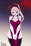  1girl blush breasts highres large_breasts long_hair looking_at_viewer open_mouth overlord_(maruyama) red_eyes shalltear_bloodfallen simple_background smile solo thighhighs ursweetgf2 very_long_hair white_hair 
