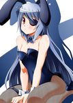  animal_ears between_legs breasts bunny_ears bunnysuit cleavage collar collarbone eyepatch hand_between_legs highres infinite_stratos kneeling laura_bodewig leotard long_hair pantyhose red_eyes silver_hair small_breasts solo sumeragi_tomo 