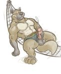  anthro balls bandage belt biceps big_penis brown_fur canine claws clothed clothing cum cumshot dog erection eyes_closed fangs fur gnoll half-dressed hammock holcomb lying male mammal masturbation muscles on_back orgasm pecs penis pose reclining relaxing sheath shorts solo toe_claws topless vein 