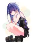  1girl bag bare_legs black_footwear black_shirt black_shorts blue_eyes blue_hair expressionless full_body handbag hirose_sumire legs long_hair looking_at_viewer saki_(manga) shirt short_shorts shorts simple_background solo squatting tsucaco white_background 