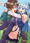  1boy 1girl aqua_(konosuba) ass ass_visible_through_thighs atoz-26w bare_shoulders blue_eyes blue_footwear blue_hair blue_shirt blue_skirt blue_thighhighs blush boots bow bowtie breasts brown_eyes brown_hair cape capelet carrying detached_sleeves grass green_bow green_bowtie green_cape green_capelet hair_between_eyes hair_ornament hair_rings happy hetero highres kono_subarashii_sekai_ni_shukufuku_wo! long_hair looking_at_another no_panties on_grass open_mouth pointing princess_carry running satou_kazuma shirt short_hair single_hair_ring skirt smile sweatdrop thigh_boots thighhighs thighhighs_under_boots tree very_long_hair 