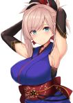  1girl armpits arms_behind_head arms_up asymmetrical_hair bangs bare_shoulders blue_eyes blue_kimono blush breasts closed_mouth earrings fate/grand_order fate_(series) hair_ornament japanese_clothes jewelry kimono large_breasts long_hair looking_at_viewer mitsukazu_(nijigen_complex) miyamoto_musashi_(fate/grand_order) obi pink_hair ponytail sash simple_background sleeveless sleeveless_kimono smile solo white_background 