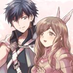  1boy 1girl :d armor blue_eyes blue_hair breastplate brown_eyes brown_hair cape chrom_(fire_emblem) closed_mouth commentary_request fire_emblem fire_emblem_awakening hair_between_eyes long_hair looking_at_another open_mouth short_hair shoulder_armor smile sorakaza sumia_(fire_emblem) twitter_username upper_body 