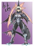  1girl arm_blade armor bodysuit breasts cape commentary_request covered_navel dinomorphia_kentregina dragon_tail duel_monster facial_mark gradient_background headgear highres large_breasts oekaki_kumothu power_armor short_hair solo tail torn_cape torn_clothes weapon white_hair yellow_eyes yu-gi-oh! 