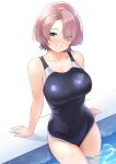  1girl absurdres arimura_mao arm_support b1ack_illust blue_eyes blush breasts cleavage collarbone competition_school_swimsuit gakuen_idolmaster hair_over_one_eye highres idolmaster large_breasts looking_at_viewer pink_hair pool poolside refraction school_swimsuit smile solo swimsuit 