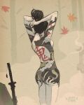  1girl adjusting_hair arm_tattoo arms_up artist_logo back_tattoo black_hair breasts completely_nude falling_leaves from_behind highres justin_o&#039;neal katana leaf nude original planted planted_sword solo sword tattoo tree weapon 