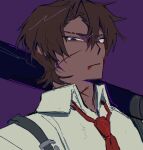  1boy baseball_bat brown_hair collared_shirt heathcliff_(project_moon) highres limbus_company necktie official_art parted_bangs portrait project_moon purple_background purple_eyes red_necktie shirt simple_background solo vellmori white_shirt 