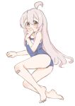  1girl absurdres ahoge ass bandaid bandaid_on_knee bandaid_on_leg bare_arms bare_legs bare_shoulders barefoot blue_one-piece_swimsuit blush commentary english_commentary feet full_body hair_between_eyes hand_to_own_mouth highres long_hair looking_at_viewer lying mayoineko old_school_swimsuit on_side one-piece_swimsuit onii-chan_wa_oshimai! oyama_mahiro pink_hair school_swimsuit simple_background sketch solo swimsuit toes very_long_hair white_background yellow_eyes 