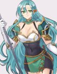  1girl aqua_hair armor bare_shoulders black_dress bow breasts chloe_(fire_emblem) cleavage commentary_request covered_navel cowboy_shot dress fire_emblem fire_emblem_engage garter_straps gloves green_eyes green_skirt grey_background hair_bow hazuki_(nyorosuke) highres holding large_breasts long_hair looking_at_viewer miniskirt orange_bow pencil_dress short_dress shoulder_armor simple_background skirt smile solo standing very_long_hair white_gloves 