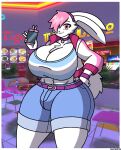 anthro big_breasts big_butt breasts bulge butt cellphone chest_tuft choker cleavage clothed clothing electronics hair hair_over_eye hi_res huge_breasts huge_butt intersex jewelry kris_(thebunnypie) lagomorph leporid male mammal necklace one_eye_obstructed phone rabbit smartphone solo thebunnypie tuft wide_hips