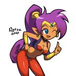 2024 absurd_res blue_eyes breasts brown_body brown_skin cleavage clothed clothing ear_piercing ear_ring female genie hair hi_res humanoid humanoid_pointy_ears long_hair looking_at_viewer not_furry one_eye_closed open_mouth open_smile piercing ponytail purple_hair ring_piercing rotzedust shantae shantae_(series) signature simple_background smile solo wayforward wink