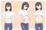  ! 1girl arrow_(symbol) big_belly breasts brown_eyes brown_hair closed_eyes commentary_request commission denim hair_between_eyes hand_on_own_stomach hands_on_own_hips heart highres holding_own_stomach jeans long_hair medium_breasts midriff multiple_views mutou_youshun navel notice_lines open_mouth original outie_navel pants pointing pointing_at_self pregnancy_progression pregnant progression shirt simple_background skeb_commission smile tied_shirt white_shirt 