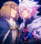  2boys black_shirt blue_cloak blue_eyes brown_hair cloak closed_mouth diamond_hairband fate/grand_order fate_(series) hair_between_eyes hair_ornament highres kin_mokusei long_hair looking_at_another male_focus medium_hair merlin_(fate) multiple_boys oberon_(fate) purple_eyes robe shirt turtleneck turtleneck_shirt upper_body white_hair white_robe white_shirt 