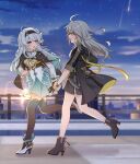  2girls :d :o ahoge black_footwear black_gloves black_hairband blue_sky boots brown_jacket brown_thighhighs city cloud collared_shirt cropped_jacket firefly_(honkai:_star_rail) frilled_shirt_collar frills full_body gloves grey_hair hairband hanamidonan high_heel_boots high_heels highres holding_another&#039;s_wrist honkai:_star_rail honkai_(series) horizon jacket long_hair long_sleeves looking_at_another multiple_girls neckerchief open_mouth orange_neckerchief purple_eyes running shirt sky smile stelle_(honkai:_star_rail) sunset thigh_strap thighhighs trailblazer_(honkai:_star_rail) white_footwear white_hair white_shirt yellow_eyes 