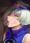  1boy 1girl absurdres bare_shoulders blue_dress blue_hat blunt_bangs breasts dark-skinned_male dark_skin dnumde dress elizabeth_(persona) english_commentary erection gloves grey_hair hand_on_another&#039;s_head hetero highres interracial licking licking_testicle looking_at_viewer male_pubic_hair open_mouth oral penis persona persona_3 precum pubic_hair short_hair sleeveless sleeveless_dress stray_pubic_hair sweat testicles tongue tongue_out uncensored yellow_eyes 