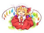  :d ^_^ bad_id bad_pixiv_id blonde_hair blush closed_eyes fang flandre_scarlet from_above hat hat_ribbon open_mouth ribbon side_ponytail sitting smile solo touhou uguisu_mochi_(ykss35) wings 