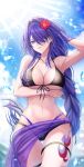  1girl acheron_(honkai:_star_rail) alternate_costume arm_behind_head arm_up bare_arms bare_shoulders bikini black_bikini blue_eyes blue_hair blue_sky blurry blurry_background breasts cleavage cloud cloudy_sky commentary_request cowboy_shot day flower front-tie_bikini_top front-tie_top hair_flower hair_ornament hair_over_one_eye highres honkai:_star_rail honkai_(series) large_breasts leg_tattoo long_hair low-braided_long_hair low-tied_long_hair navel penguintake purple_sarong red_flower red_lips sarong sky solo stomach swimsuit tattoo thigh_strap very_long_hair 