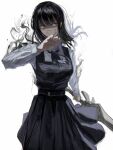  1girl aura black_dress black_hair black_ribbon chainsaw_man cowboy_shot dress hand_up highres holding holding_sword holding_weapon kota_2kx long_hair long_sleeves looking_at_viewer neck_ribbon ribbon ringed_eyes scar scar_on_face school_uniform simple_background solo standing sword weapon white_background white_dress yellow_eyes yoru_(chainsaw_man) 