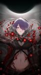  1girl absurdres acheron_(honkai:_star_rail) black_choker black_gloves black_hole blood blood_from_eyes body_markings bonefire0909 breasts chain choker cleavage detached_sleeves flower gloves hair_over_one_eye highres honkai:_star_rail honkai_(series) long_hair midriff navel partially_submerged purple_eyes purple_hair red_flower single_bare_shoulder solo stomach water 