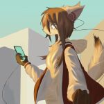 absurd_res anthro brown_hair canid canine cellphone clothing electronics female fox gloves_(marking) hair headphones hi_res hoodie mammal markings phone red_clothing smartphone topwear yamauso