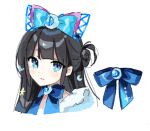 1girl black_hair blue_bow blue_eyes blue_ribbon blunt_bangs bow closed_mouth commentary_request crescent hair_bow himitsu_no_aipri long_hair looking_at_viewer player_character_(aipri) pretty_series ribbon simple_background solo ta_(o_lounge_o) upper_body white_background 