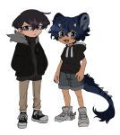  2boys animal_ears artist_name black_footwear black_hair black_jacket black_sweater blue_eyes blue_hair brown_pants child closed_mouth deviidog0 english_commentary fangs full_body fur-tipped_tail fur_collar grey_footwear grey_shorts hands_in_pockets highres hood hood_down hooded_jacket horns jacket looking_at_viewer male_focus multiple_boys open_mouth original pants purple_eyes shoes short-sleeved_jacket short_eyebrows short_hair short_sleeves shorts simple_background small_horns sneakers spiked_tail standing sweater tail turtleneck turtleneck_sweater twintails very_short_hair white_background 