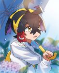  1boy blurry commentary_request crossed_bangs day depth_of_field flower gloves hair_between_eyes hairband holding holding_umbrella hydrangea jacket kieran_(pokemon) long_sleeves male_focus open_mouth orange_(orangelv20) outdoors pokemon pokemon_sv red_gloves solo umbrella upper_body water_drop white_jacket yellow_bag yellow_eyes yellow_hairband zipper_pull_tab 