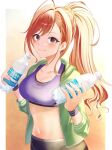  1girl ahoge arisugawa_natsuha blush bottle breasts cleavage collarbone green_jacket highres holding holding_bottle hood hooded_jacket idolmaster idolmaster_shiny_colors jacket light_smile looking_at_viewer medium_breasts navel orange_hair pocari_sweat ponntatta ponytail purple_sports_bra solo sports_bra stomach sweat wristband 