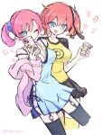  2girls agumon aiba_ami bare_shoulders black_bra black_shirt black_skirt black_thighhighs blue_camisole blue_eyes bra breasts camisole cleavage coffee_cup cowboy_shot cross-laced_clothes cup digimon digimon_story:_cyber_sleuth disposable_cup gabumon garter_straps goggles goggles_on_head highres holding holding_cup holding_phone hood hooded_jacket jacket medium_breasts medium_hair multiple_girls nagoshi no_nose off_shoulder one_eye_closed one_side_up phone pink_hair pink_jacket pleated_skirt red_hair shiramine_nokia shirt sideless_outfit simple_background sketch skirt spaghetti_strap sprite thighhighs twintails twitter_username two-tone_shirt underwear white_background yellow_shirt yellow_thighhighs 