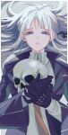  1girl bad_id bad_twitter_id bird_pin black_gloves black_ribbon bong_(0u0bon) border collared_jacket collared_shirt danganronpa:_trigger_happy_havoc danganronpa_(series) expressionless eyelashes gloves grey_background hair_ribbon hair_spread_out half-closed_eyes high_collar highres holding holding_skull jacket kirigiri_kyoko layered_sleeves long_hair long_sleeves lying necktie on_back open_clothes open_jacket orange_necktie parted_lips purple_eyes purple_jacket purple_sleeves ribbon shirt simple_background skull solo straight-on studded_gloves upper_body white_border white_hair white_shirt zipper zipper_pull_tab 