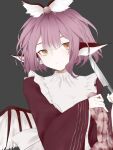  1girl animal_ears bird_ears chinese_commentary closed_mouth commentary_request eyebrows_hidden_by_hair gas_wf grey_background guro highres holding holding_knife holding_organ intestines knife long_sleeves mystia_lorelei pink_hair red_shirt shirt short_hair simple_background solo touhou upper_body wide_sleeves wings 