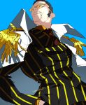  1boy 2024 absurdres black_hair black_suit blue_background borsalino_(kizaru) coat coat_on_shoulders dated epaulettes eyes_visible_through_eyewear facial_hair goatee hand_in_pocket highres kinako_(marubotan) male_focus mustache one_piece short_hair smile solo striped_clothes suit sunglasses upper_body vertical-striped_clothes white_coat 