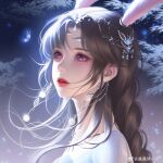  1girl animal_ears brown_hair bug butterfly douluo_dalu hair_ornament highres looking_up night rabbit_ears solo upper_body xiao_wu_(douluo_dalu) yu_yu_yi_xiaonan 