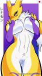 9:16 absurd_res anthro areola armwear aroused awesomemazda04 bandai_namco big_breasts blue_eyes blush body_hair border breast_squish breasts canid cel_shading chest_tuft clitoris clothing covering covering_breasts crotch_tuft digimon digimon_(species) ears_up embarrassed english_text eyebrows eyelashes female fur genitals gradient_background gradient_eyes hi_res holding_breast humanoid humanoid_genitalia japan_flag mammal multicolored_body multicolored_fur nationality navel nude pink_areola pubic_fuzz purple_armwear purple_clothing pussy renamon shaded shadow simple_background solo squish symbol tail text thick_thighs tuft two_tone_body two_tone_fur watermark white_border yellow_body yellow_fur yin_yang