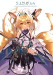  1girl animal_ears aqua_hairband arknights bare_shoulders black_gloves blonde_hair braid braided_hair_rings character_name closed_mouth cowboy_shot dress fox_ears fox_girl fox_tail frilled_dress frills gloves green_eyes hairband highres holding holding_staff kitsune looking_at_viewer multiple_tails single_glove solo soukou_makura staff suzuran_(arknights) tail white_dress 