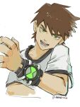  1boy ben_10 ben_tennyson brown_hair green_eyes highres male_focus omnitrix shirt short_hair smile solo thekidroxas watch white_shirt wristwatch 