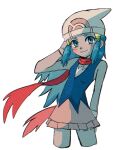  1girl bare_shoulders black_dress blue_eyes blue_hair closed_mouth dawn_(pokemon) dress hair_ornament hairclip hat long_hair looking_at_viewer pink_skirt pokemon pokemon_dppt red_scarf scarf skirt sleeveless sleeveless_dress smile solo white_background white_hat xr2_uy 