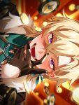  1boy aqua_shirt aventurine_(honkai:_star_rail) black_gloves blonde_hair boss_yupi bracelet collared_shirt earrings fur_trim gloves highres honkai:_star_rail honkai_(series) jewelry male_focus multicolored_eyes open_mouth poker_chip shirt short_hair smile solo teeth two-tone_eyes 