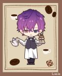  1boy apron bow bowtie checkerboard_cookie chibi coffee_beans commentary cookie cup food full_body gradient_hair heterochromia holding holding_teapot holding_tray long_sleeves looking_at_viewer lucio_(lucioooo38) multicolored_hair nijisanji nijisanji_en pants pink_eyes purple_eyes purple_hair short_hair smile solo teacup teapot tiered_tray traditional_bowtie tray uki_violeta vest virtual_youtuber waiter 