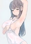  arm_up armpits blue_eyes breasts brown_hair large_breasts long_hair miyamoto_issa one-piece_swimsuit original parted_lips sideboob simple_background solo swimsuit swimsuit_pull white_swimsuit 